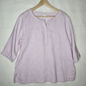 J. Jill Women's Love Linen Tunic Top 3/4 Sleeve Round Neck Lavender White Stripe